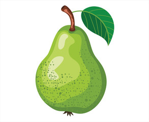 A vibrant green pear with a stem and single leaf illustration
