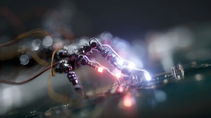 Intricate robotic manipulator with glowing wires and circuit board connections