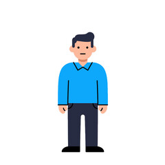 A simple, flat illustration of a man standing upright, wearing a blue sweater.
