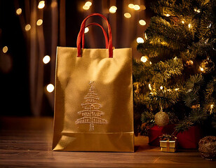 Holiday Gift Bag Placed Beside a Sparkling Tree and Ornaments