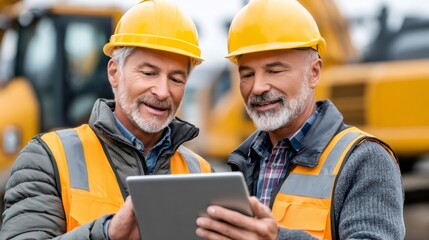 Mature construction workers using digital tablet on site