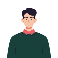 Illustration of a young man with dark hair wearing a green sweater over a pink collared shirt, against a white background.