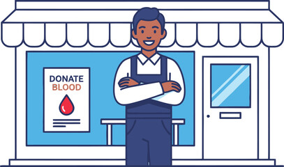 A man stands in front of a store promoting blood donation.