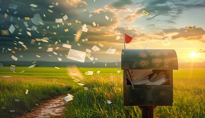 Letters fly out from mailbox in a field at sunset, for advertising mail services