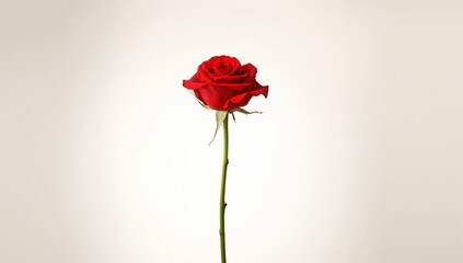 A lone, vibrant red rose with an extended stem gracefully contrasts a pure white background.