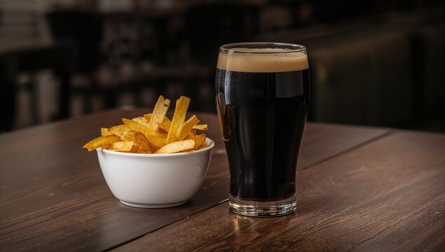 A pint of dark craft stout beside a bowl of crisps on a wooden surface - Powered by Adobe