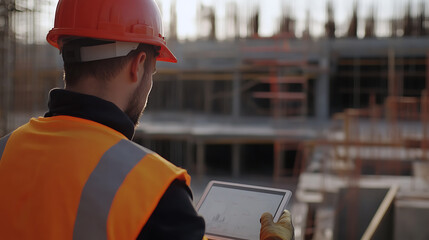Construction worker overseeing site plans on a tablet. Wearing safety gear, he monitors progress amidst the ongoing construction.