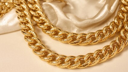 Fototapeta premium Detailed view of twin gleaming gold necklaces