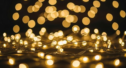 Close up of warm glowing string lights creating a festive atmosphere