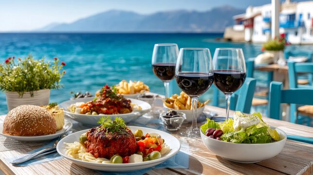 Mediterranean dining experience with red wine by the sea
