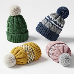 Four knitted hats isolated on white background