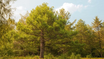Fototapeta premium A sunny summer afternoon amidst a lush green pine tree and its needles in the woods