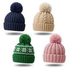 Four colorful pom pom hats isolated on white background