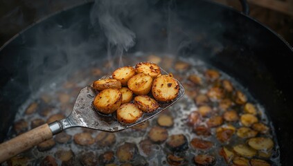 Golden potato slices sizzling in hot oil on a pan, cooked outdoors.