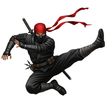 A ninja in a black suit and a red headband performing a high kick with a sword on his back on transparent background
