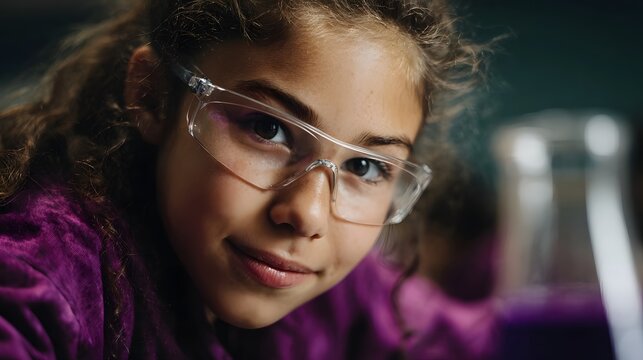 Young student wearing safety goggles intently focused on a science experiment with purple liquid