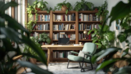Fototapeta premium Cozy reading corner bathed in soft light, featuring a wooden shelf packed with books and vibrant plants, ideal for a peaceful home environment.