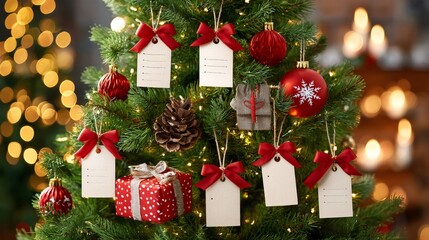 Christmas tree decorated with gift tags and red ornaments