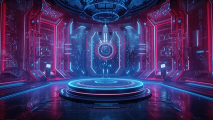 Obraz premium Futuristic neon-lit chamber with cyberpunk vibes, virtual reality and metaverse elements, gaming and esports scene on a pedestal stage, abstract sci-fi background, and photo
