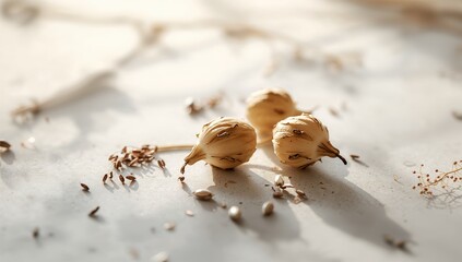 Close-up of seed pods from a medicinal plant against a light background
