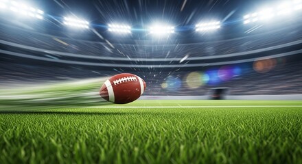 American football soars through the air in a stadium under bright lights