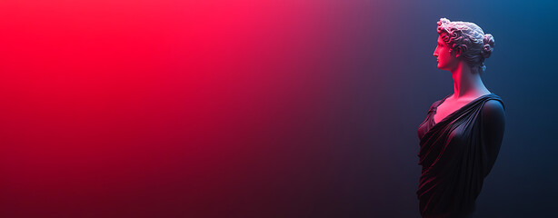 Classical bust artfully lit with a vibrant red and cool blue gradient backdrop. The statue exudes timeless elegance and serene beauty.