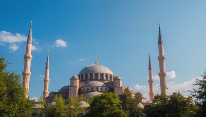 Fototapeta premium Stunning Summer Sky Over a Grand Mosque with Dome and Minarets
