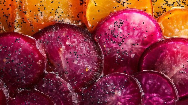 Close up view of colorful sliced fruits with poppy seeds