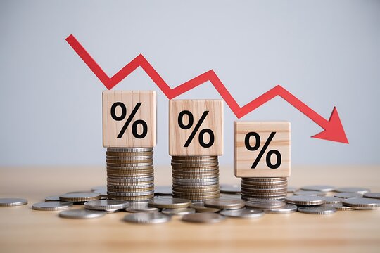 Financial concept image depicting decreasing percentage signs on stacked coins with a downward red arrow