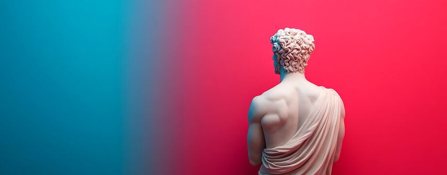Back view of a statue of a man with curly hair, draped in fabric, set against a vibrant two-tone gradient background. Artful representation of strength and form.