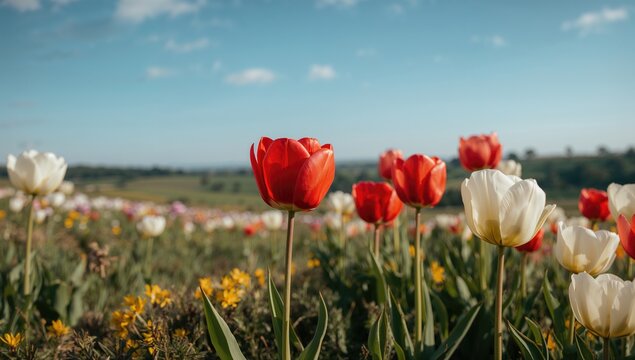 Close-up of red and white tulips blooming in a meadow with a soft focus backdrop