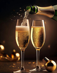 champagne bottle and glasses, Champagne pouring in two glasses from a bottle