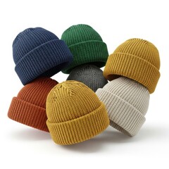 Cozy knit hats pile isolated on white background