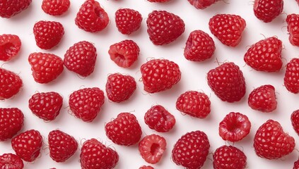 Assortment of raspberries arranged on a plain white surface