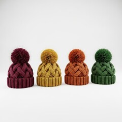 Four knitted hats isolated on white background