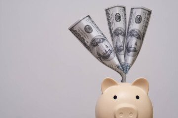 Piggy bank with US dollar bills popping out symbolizes wealth growth, smart savings, successful investment returns, financial freedom, and money-making concepts.