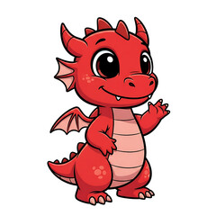 A cartoon illustration of a cute red dragon with small horns and wings on a black background on transparent background
