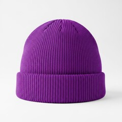 Purple knitted beanie isolated on white background
