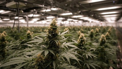 Cannabis flowering in an indoor cultivation facility illuminated by artificial lighting
