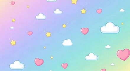 Pastel sky background with clouds, stars, and hearts for a dreamy aesthetic