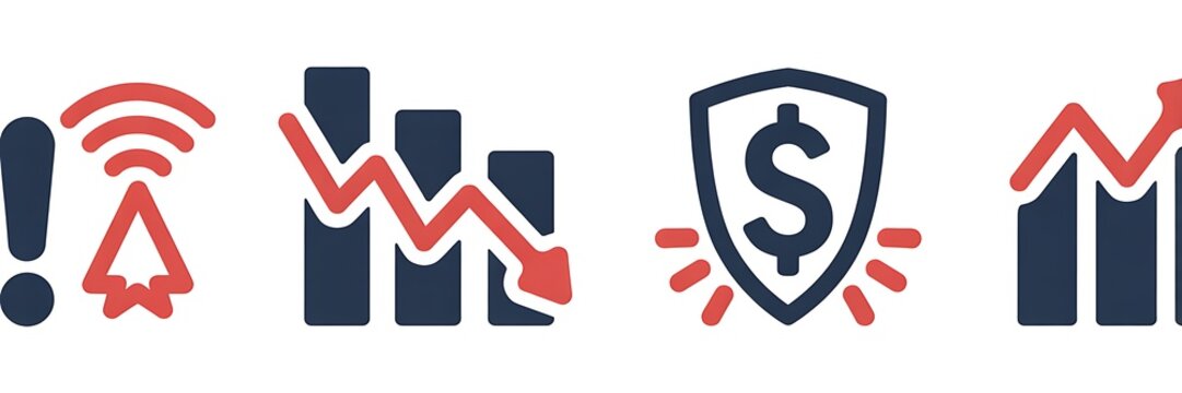 Set of four minimalist icons representing finance security networking and business growth charts for web and app design