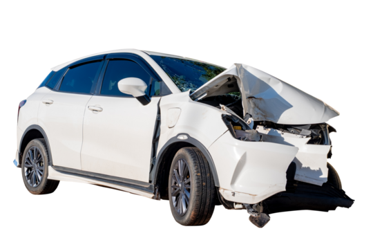 Full body front and side view of white car get damaged by accident on the road. damaged cars after collision. Isolated on transparent background, PNG File