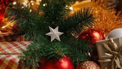 Close-up of holiday presents for Christmas and New Year