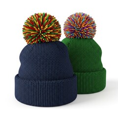 Two knitted beanies isolated on white background
