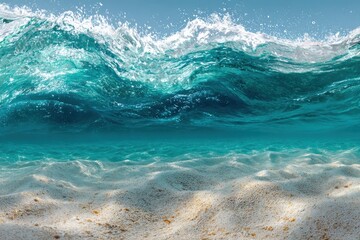 Crystal blue wave breaks above a white sandy seabed, light dancing. Perfect for travel blogs, ocean conservation, or coastal vacation ads.