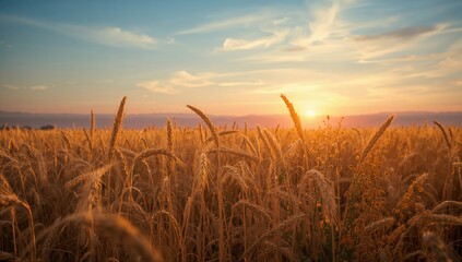 Sunset over a vast wheat field under a clear blue sky