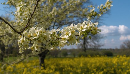Fototapeta premium Dogwood branch adorned with yellow blossoms. Springtime scene featuring yellow flowers.
