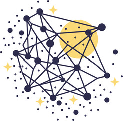 A of a data network with node connections and a yellow circle.