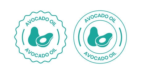 Avocado oil label set. Avocado with oil drop label, logo, badge, sticker, symbol, emblem, stamp, circle, line, flat vector isolated on white background. Avocado oil label for product packaging design.