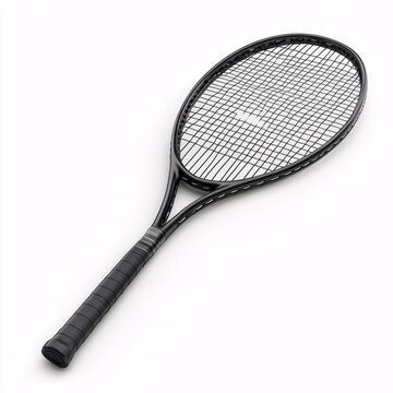 A sleek, professional-grade black tennis racket displayed against an isolated in white background. The strings are tightly woven and ready for a competitive match or intense practice session.